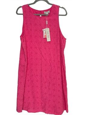 Charlie Paige Pink Floral Eyelet Sleeveless Key Hole Back Shift Dress. NEW.